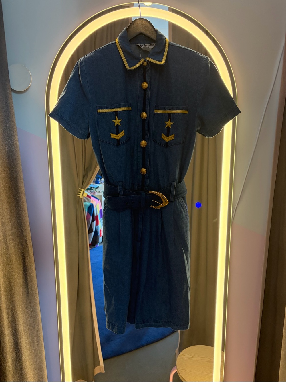 Vintage Blue Denim romper with Yellow Trim